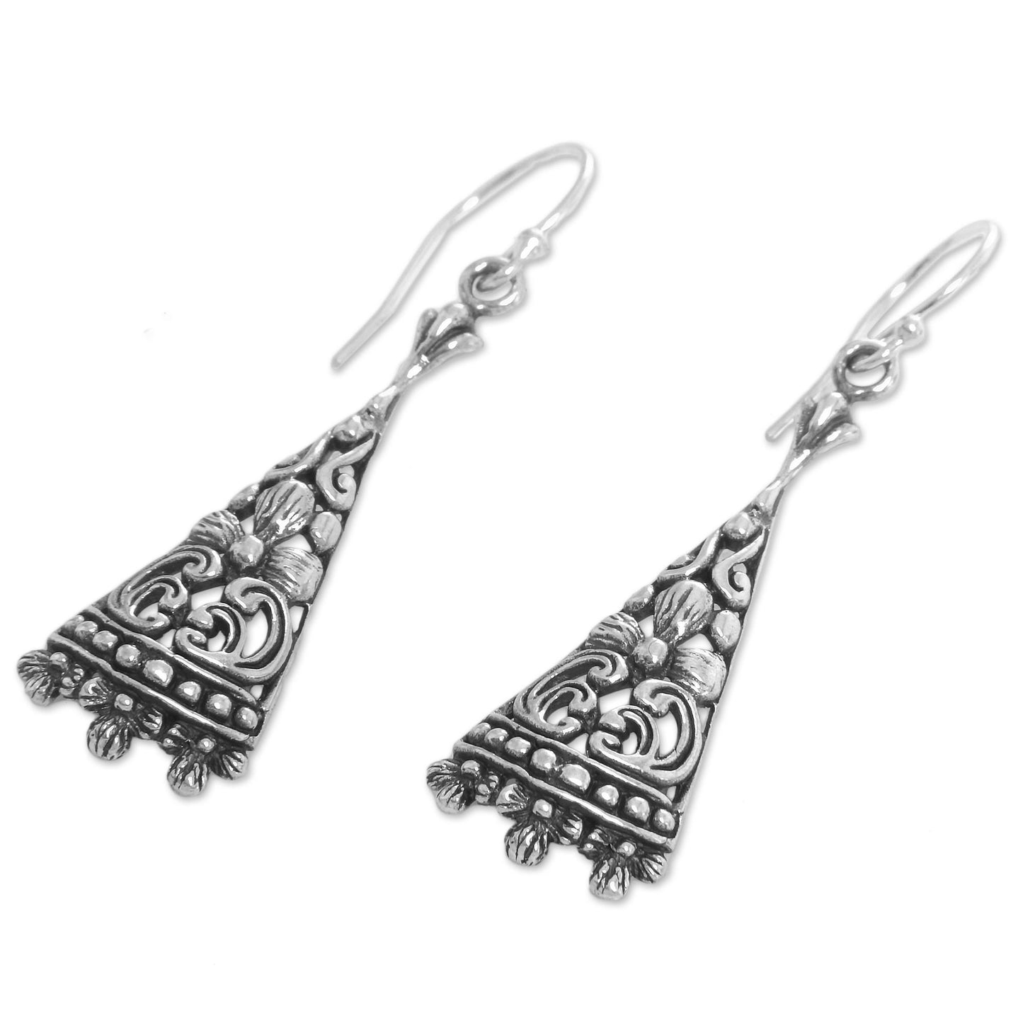 Floral Courage Triangular Floral Sterling Silver Dangle Earrings from Bali