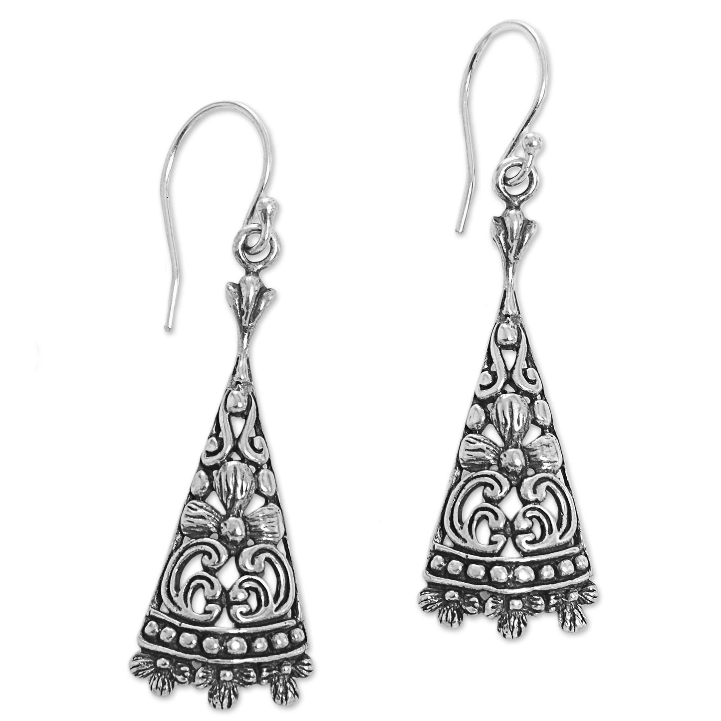 Floral Courage Triangular Floral Sterling Silver Dangle Earrings from Bali