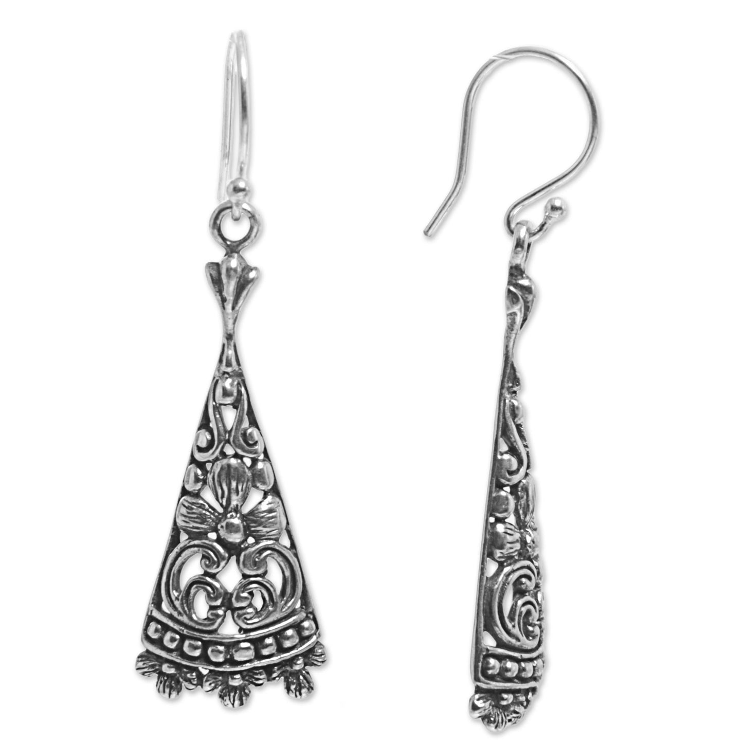 Floral Courage Triangular Floral Sterling Silver Dangle Earrings from Bali