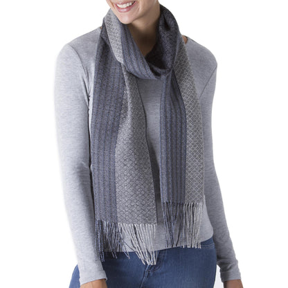 Soft Texture in Grey Hand Woven Baby Alpaca Silk Blend Grey Scarf from Peru