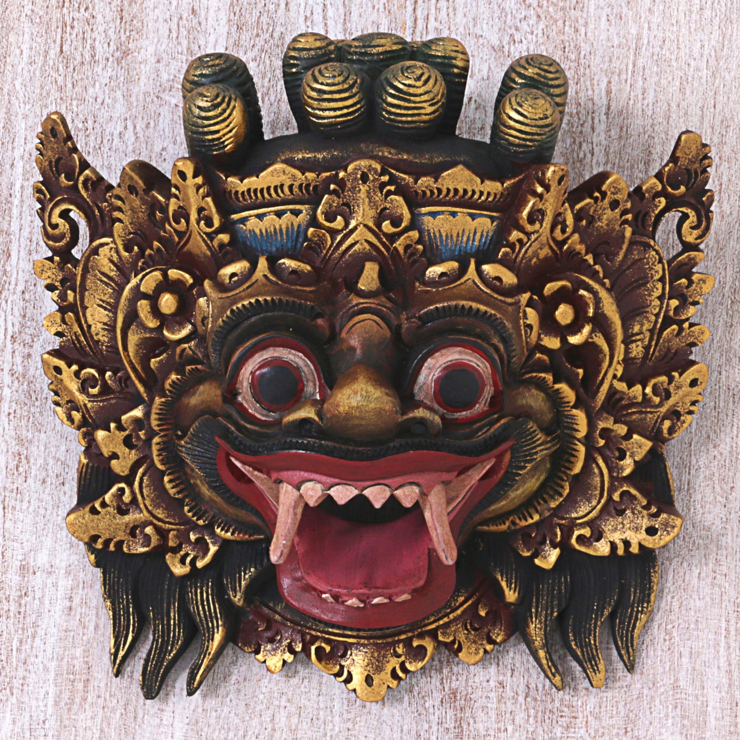 Bali Barong Hand Made Gold Colored Wood Mask from Indonesia