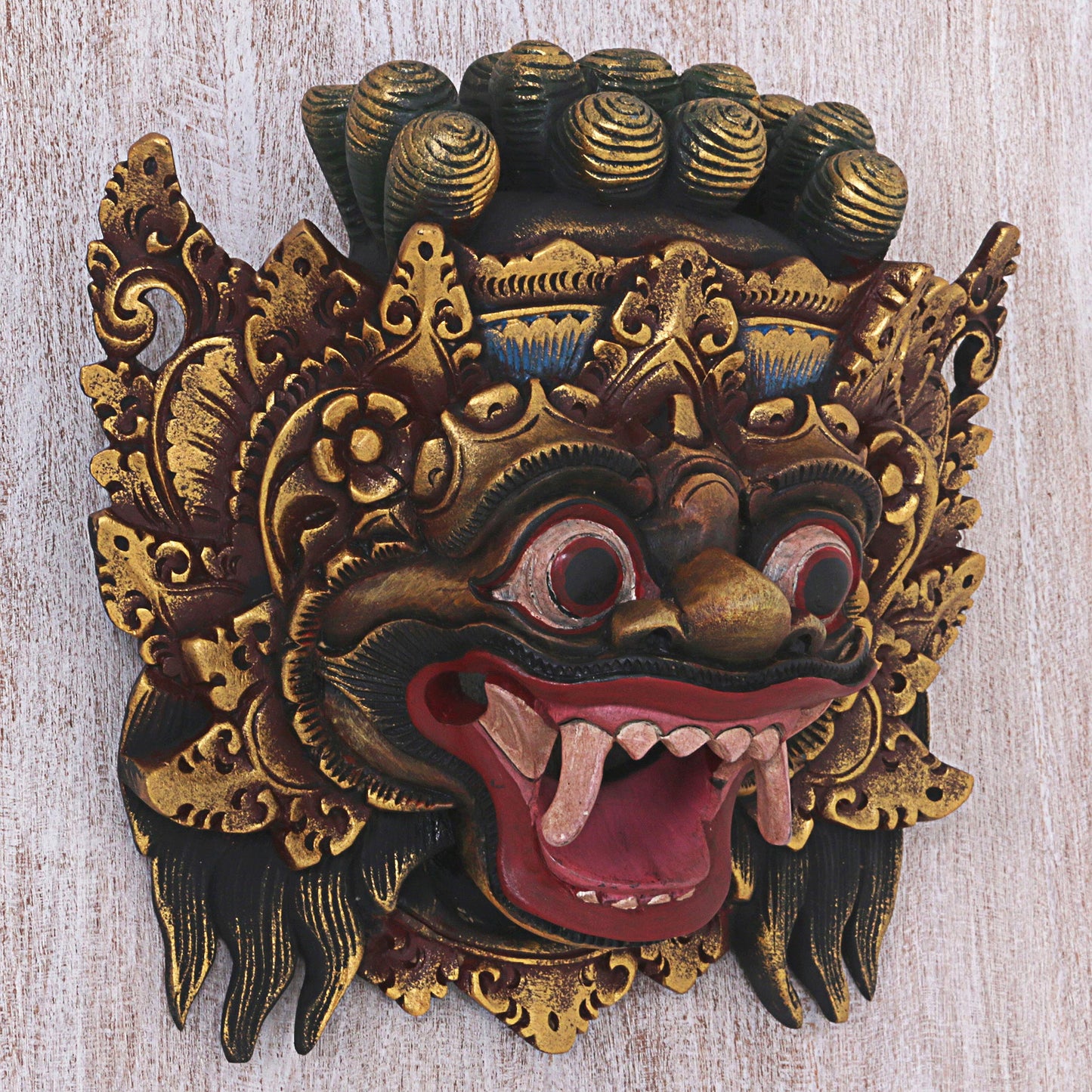 Bali Barong Hand Made Gold Colored Wood Mask from Indonesia