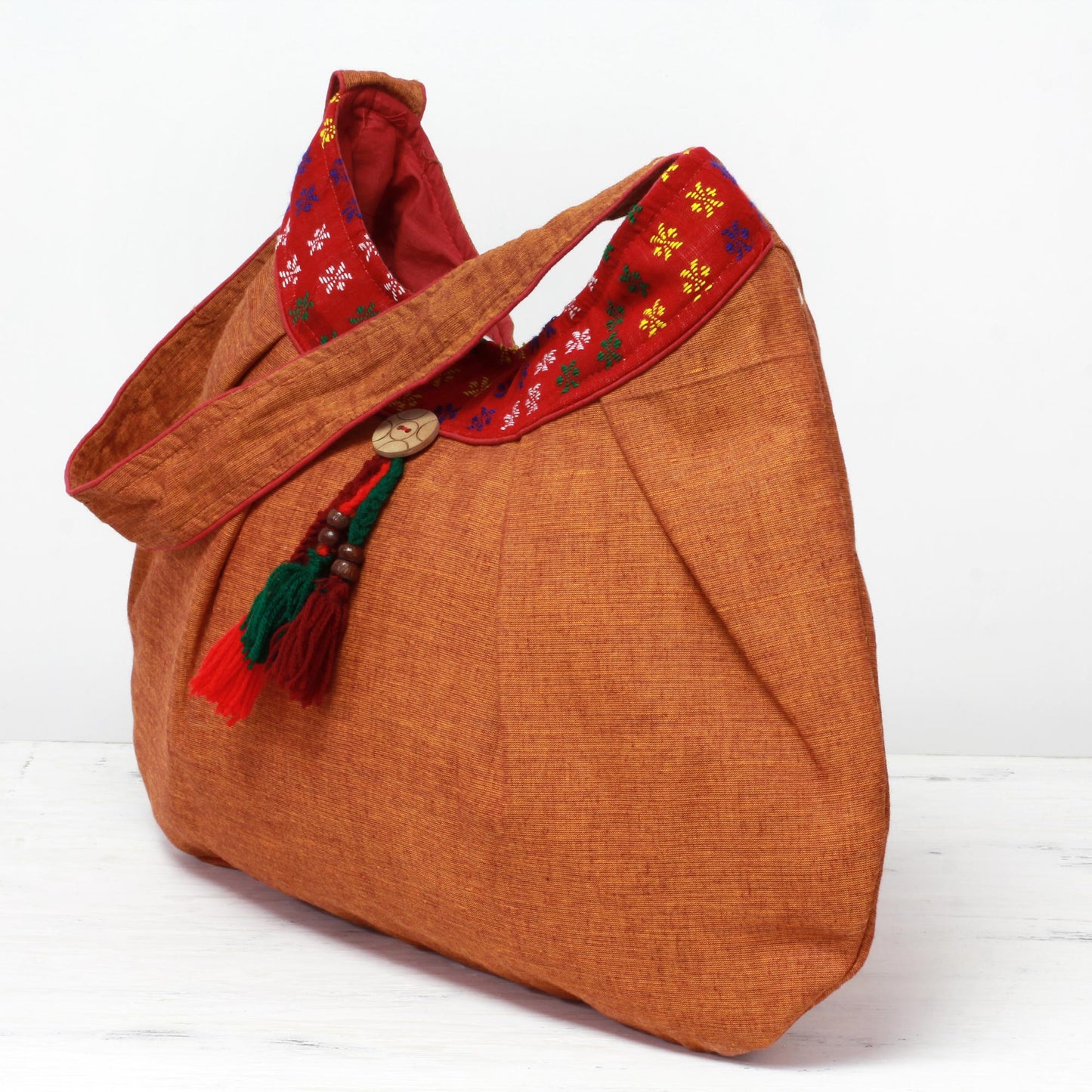 Eastern Allure Indian Orange Floral Hand-woven 100% Cotton Shoulder Bag