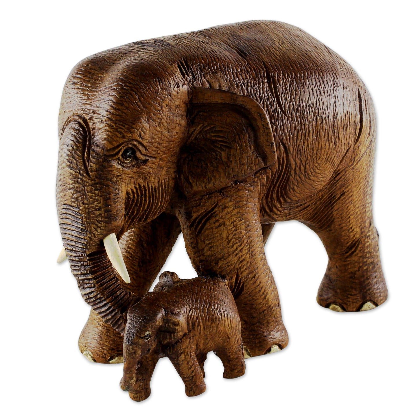 Love and Care in Brown Brown Teak Wood Sculpture of Mother and Child Thai Elephants