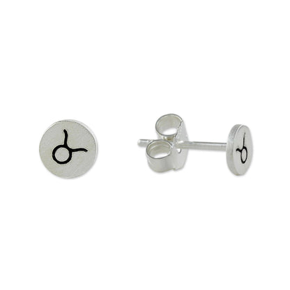 Satin Taurus Sterling Silver Taurus Stud Earrings from Thailand