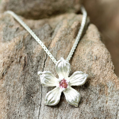 Winter Bloom Sterling Silver Tourmaline Floral Pendant Necklace Thailand