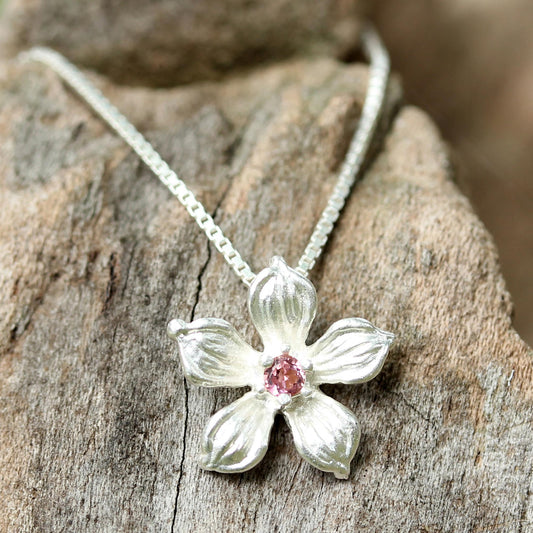 Winter Bloom Sterling Silver Tourmaline Floral Pendant Necklace Thailand