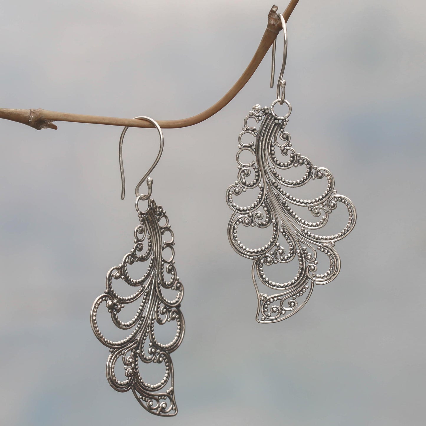 New Leaves Sterling Silver Dangle Earrings Openwork Spiral Indonesia