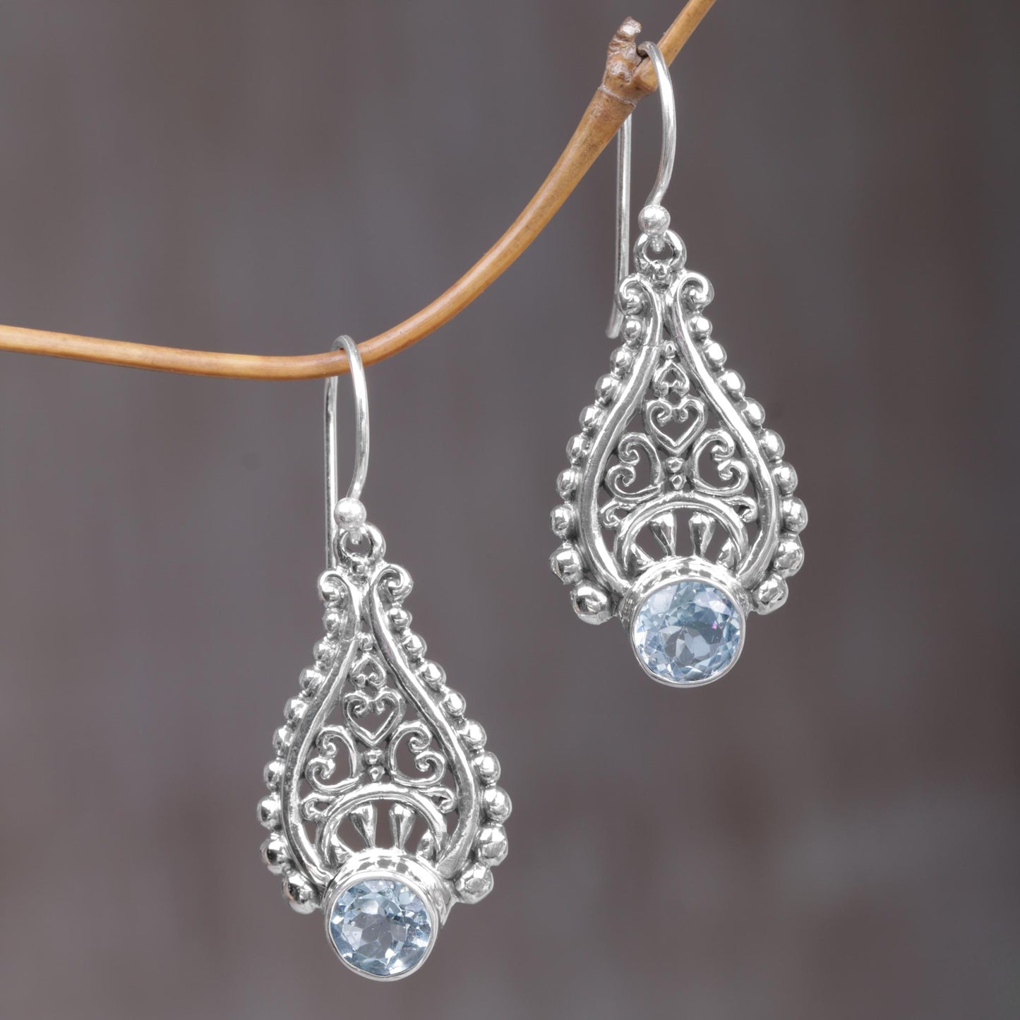 Happy Tears Handmade Balinese Sterling Silver Blue Topaz Dangle Earrings