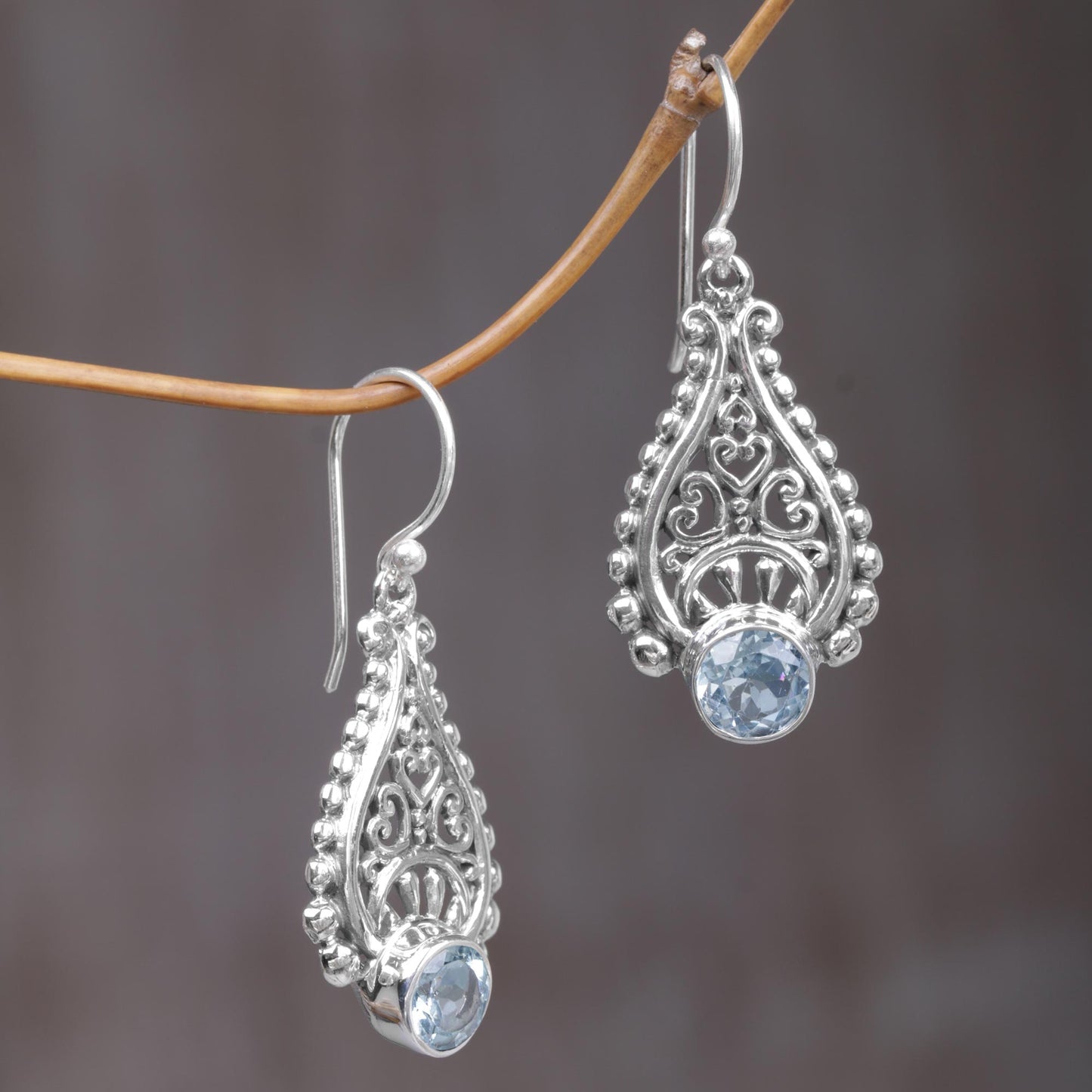 Happy Tears Handmade Balinese Sterling Silver Blue Topaz Dangle Earrings