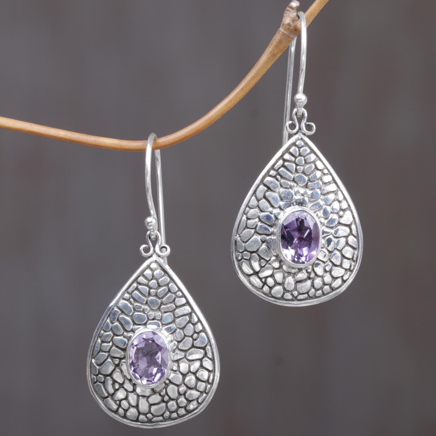 Purple Pebbles Sterling Silver Purple Amethyst Dangle Earrings