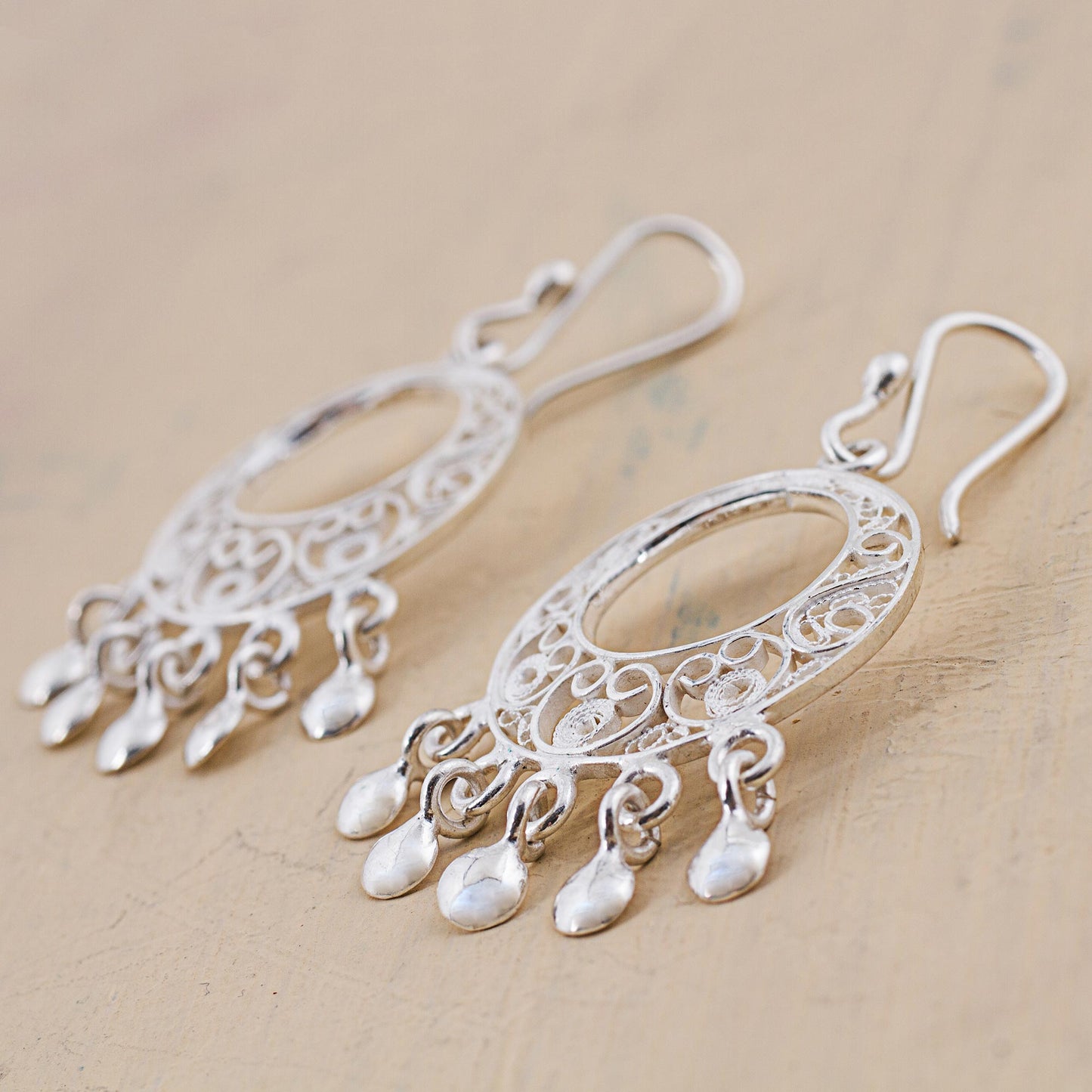 Sparkling Chandeliers 950 Silver Filigree Chandelier Earrings from Peru