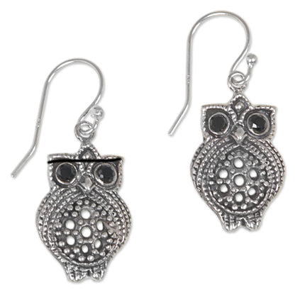 Ebony Eyes Sterling Silver Onyx Owl Dangle Earrings from Indonesia