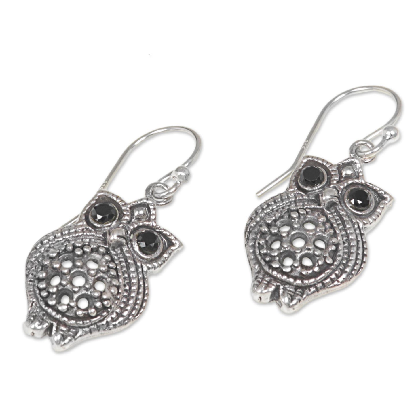 Ebony Eyes Sterling Silver Onyx Owl Dangle Earrings from Indonesia