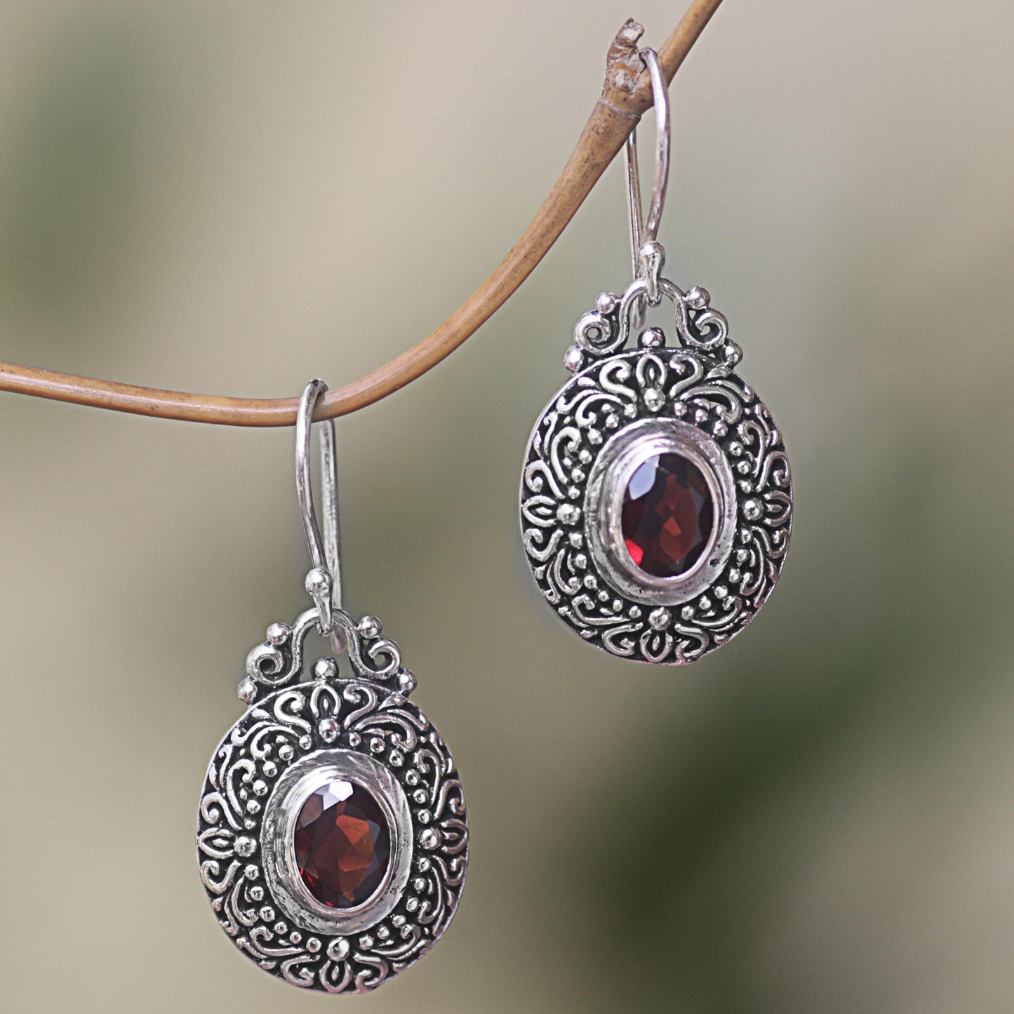 Crimson Fables Sterling Silver Garnet Dangle Earrings Spiral Indonesia