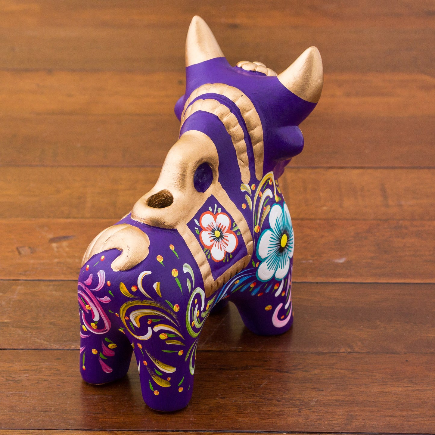 Purple Pucara Bull Purple Floral Painted Ceramic Bull Sculpture from Peru