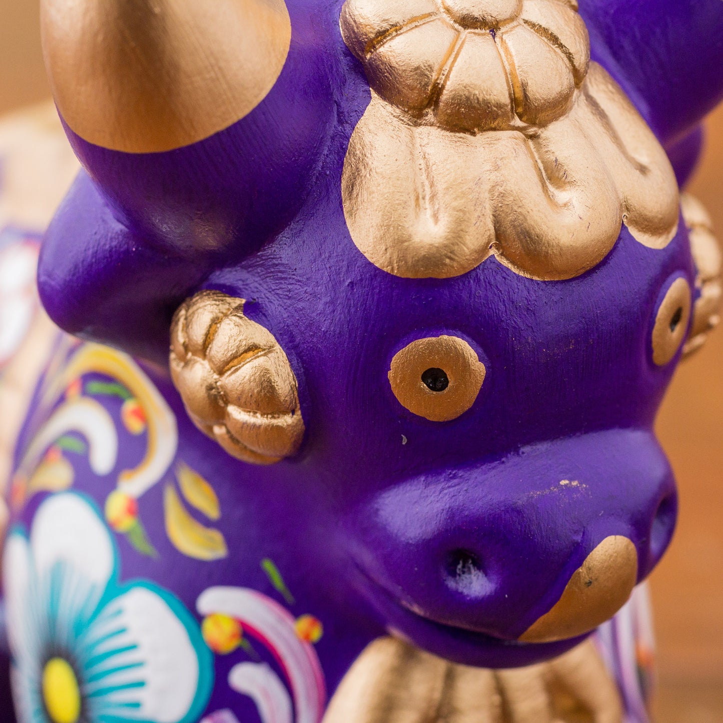 Purple Pucara Bull Purple Floral Painted Ceramic Bull Sculpture from Peru