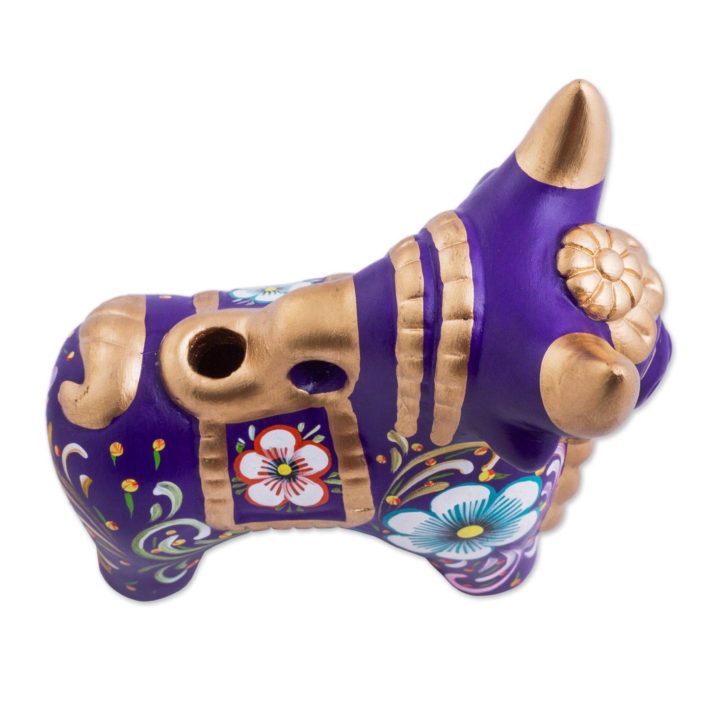 Purple Pucara Bull Purple Floral Painted Ceramic Bull Sculpture from Peru