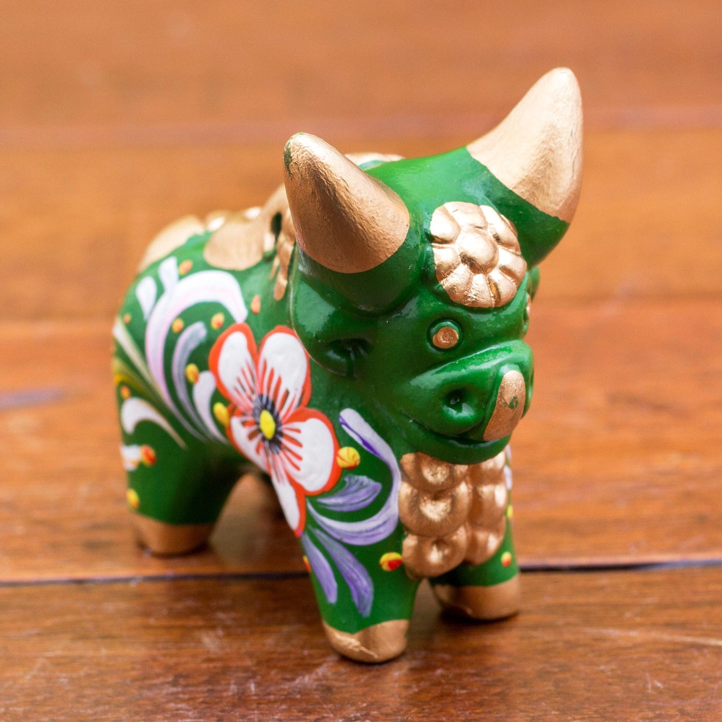 Little Green Pucara Bull Hand Painted Green Ceramic Bull Figurine from Peru