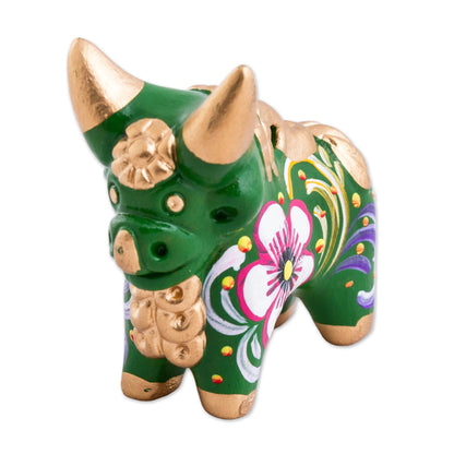 Little Green Pucara Bull Hand Painted Green Ceramic Bull Figurine from Peru