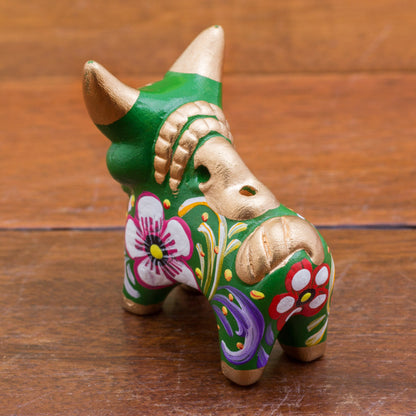 Little Green Pucara Bull Hand Painted Green Ceramic Bull Figurine from Peru