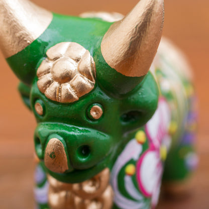 Little Green Pucara Bull Hand Painted Green Ceramic Bull Figurine from Peru