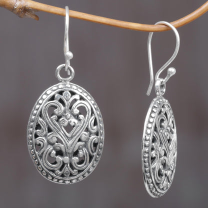 Fern Shield Round Sterling Silver Dangle Earrings from Indonesia