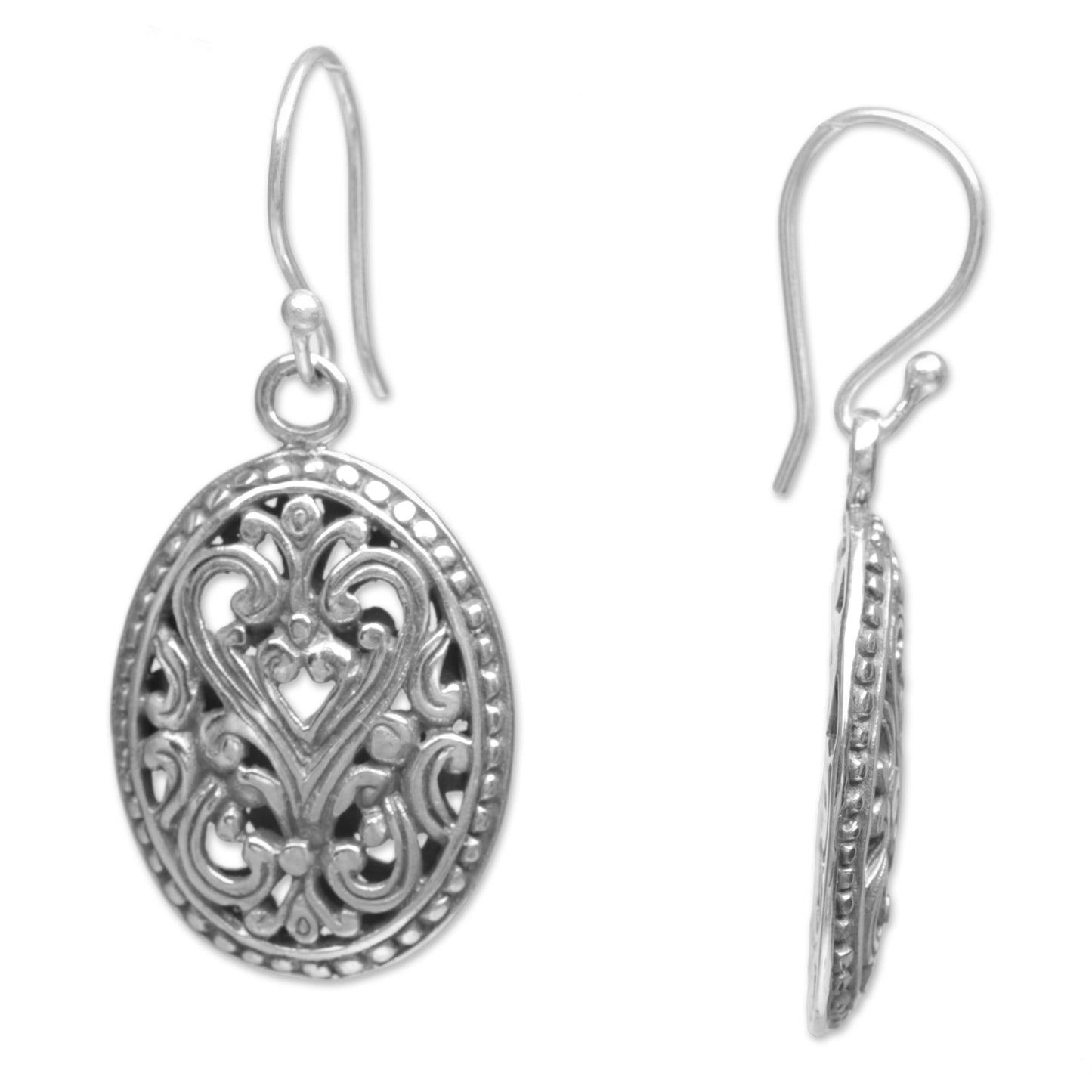 Fern Shield Round Sterling Silver Dangle Earrings from Indonesia