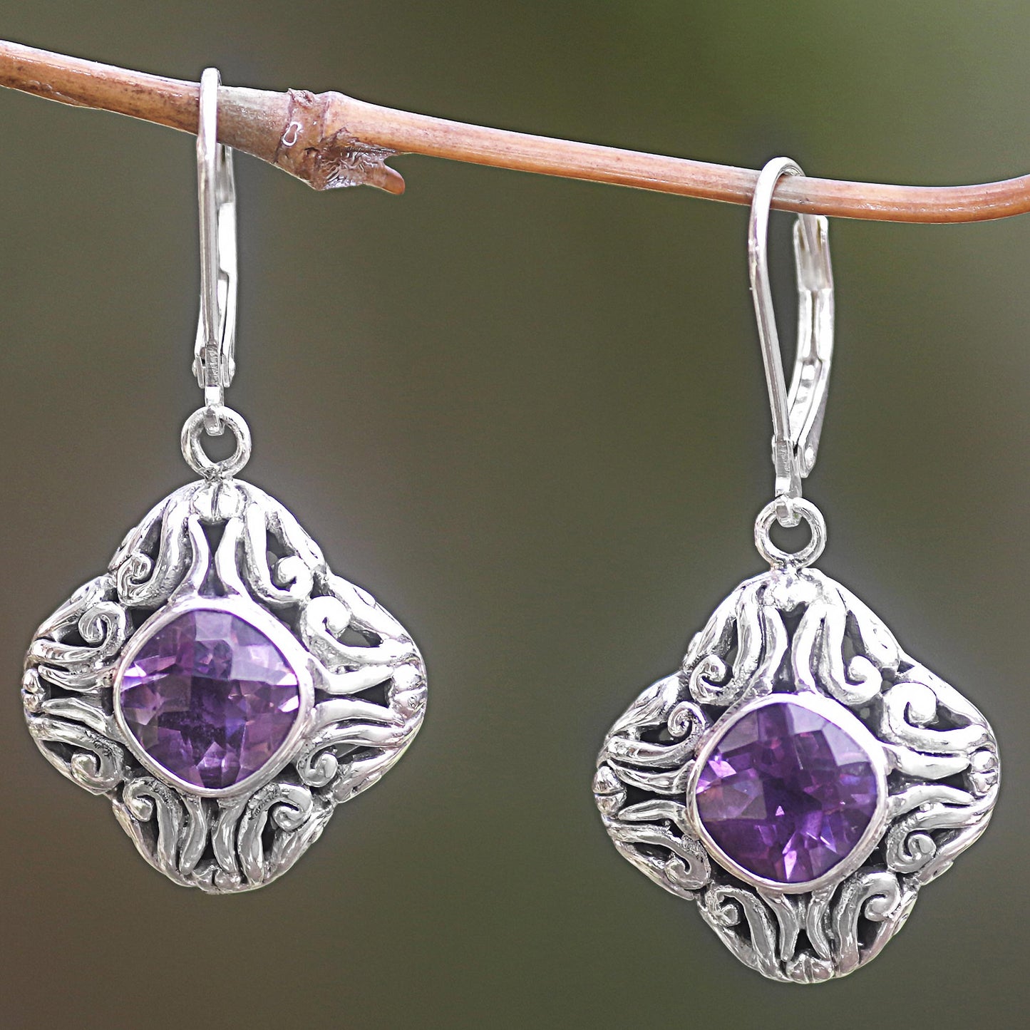 Swirling Purple Amethyst and Sterling Silver Dangle Earrings from Indonesia