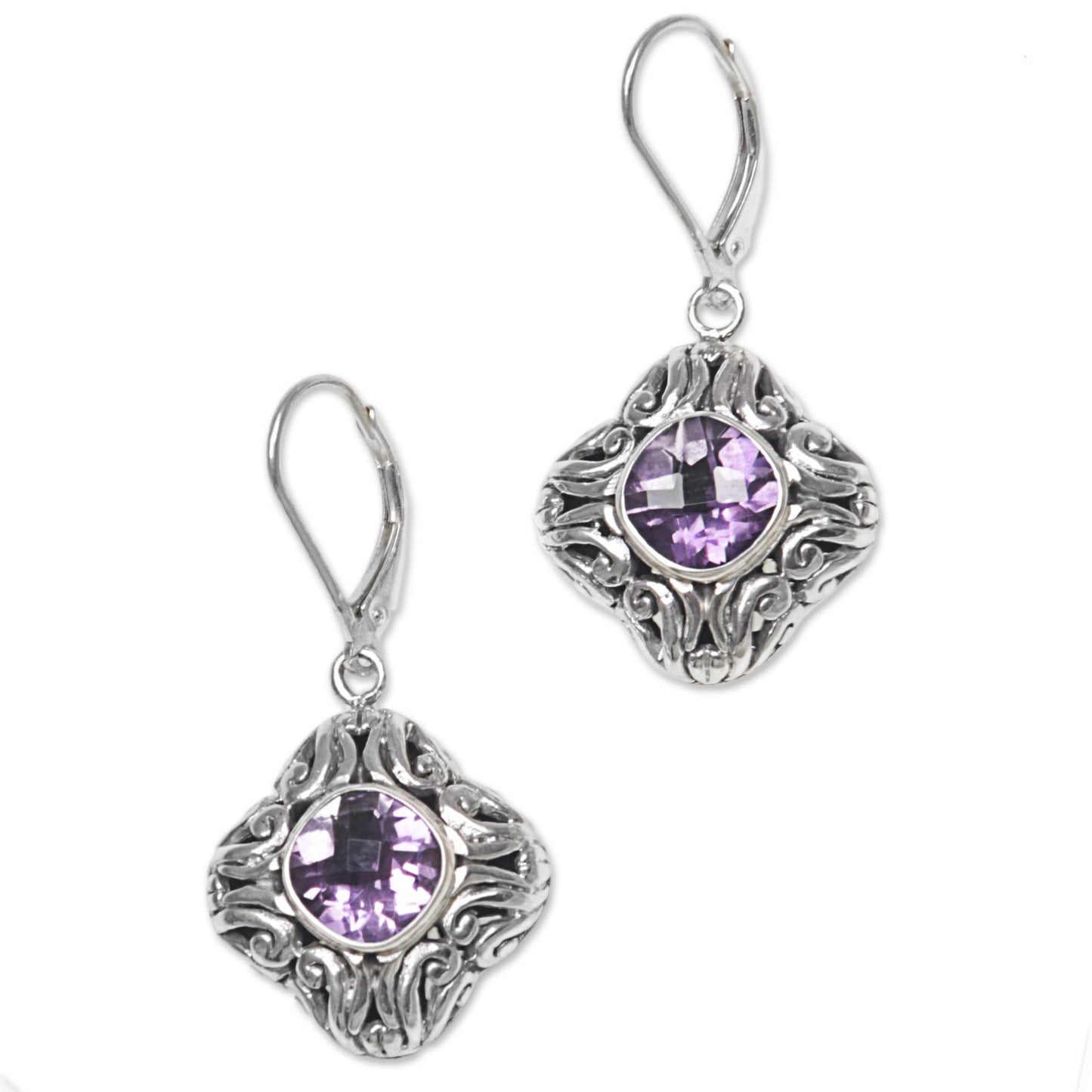 Swirling Purple Amethyst and Sterling Silver Dangle Earrings from Indonesia