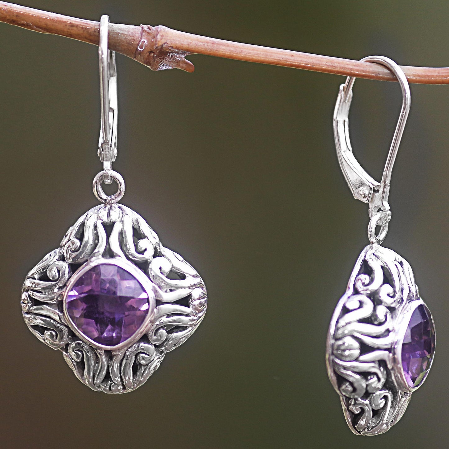 Swirling Purple Amethyst and Sterling Silver Dangle Earrings from Indonesia