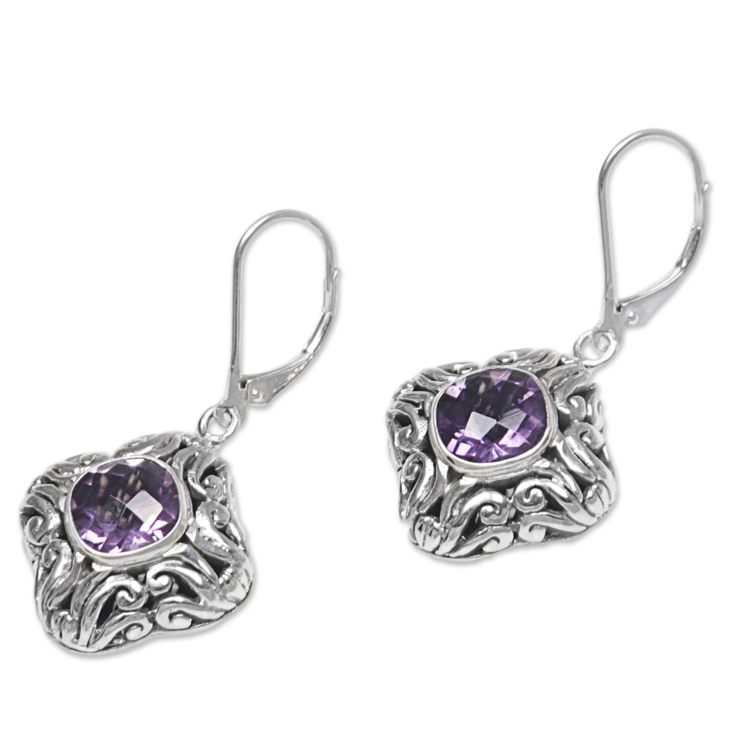 Swirling Purple Amethyst and Sterling Silver Dangle Earrings from Indonesia