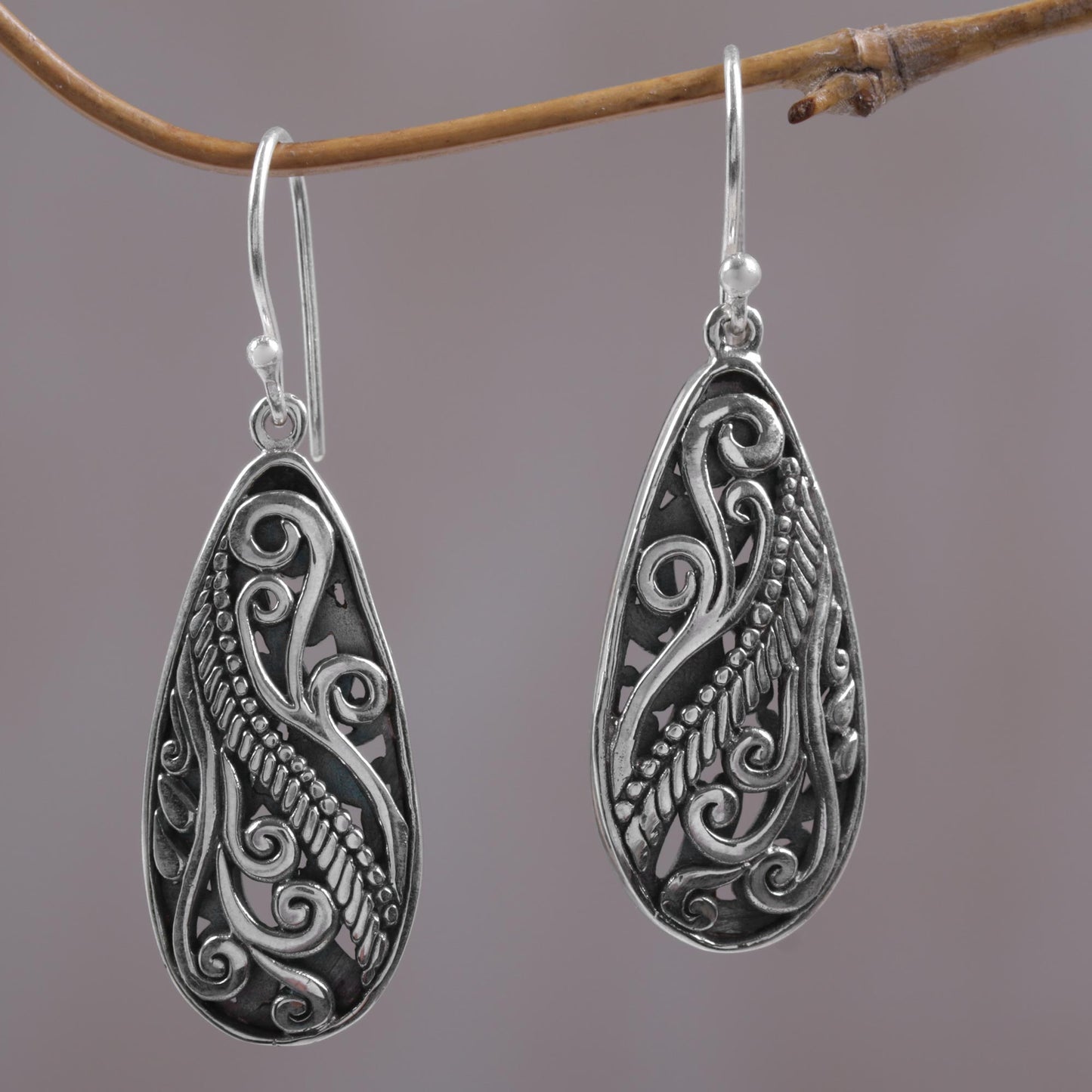 Fern Drops Sterling Silver Dangle Earrings Handmade in Indonesia