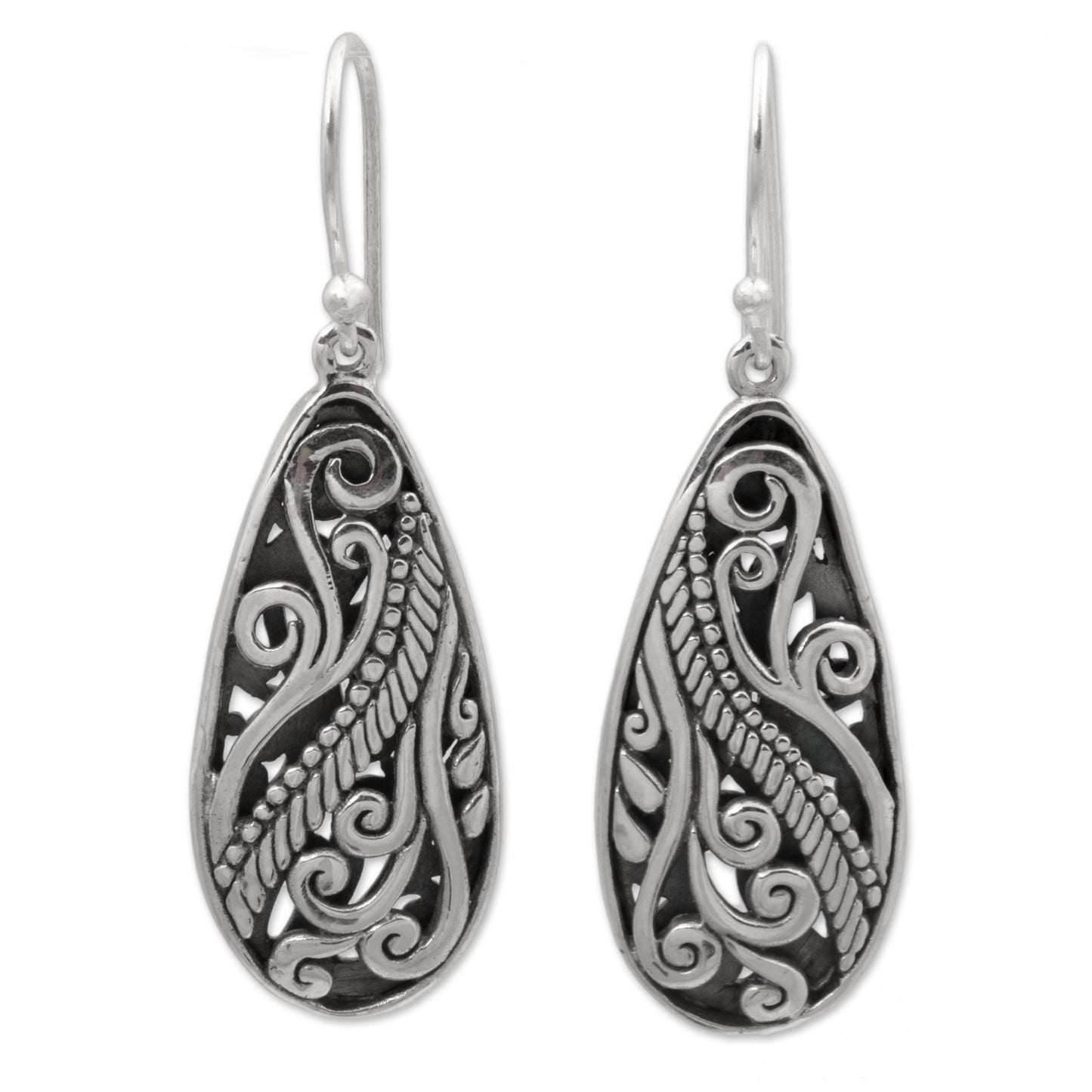 Fern Drops Sterling Silver Dangle Earrings Handmade in Indonesia