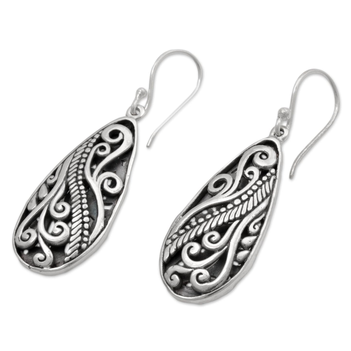 Fern Drops Sterling Silver Dangle Earrings Handmade in Indonesia