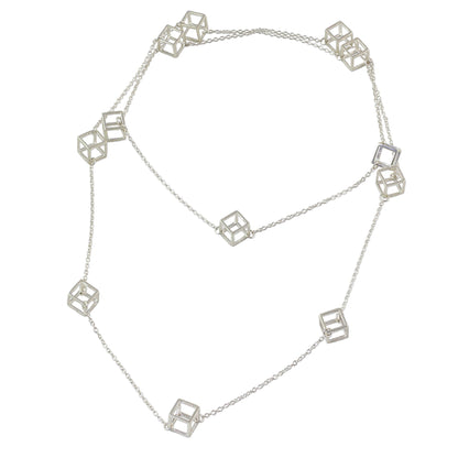 Silver Cubism Long Sterling Silver Cube Station Necklace from India