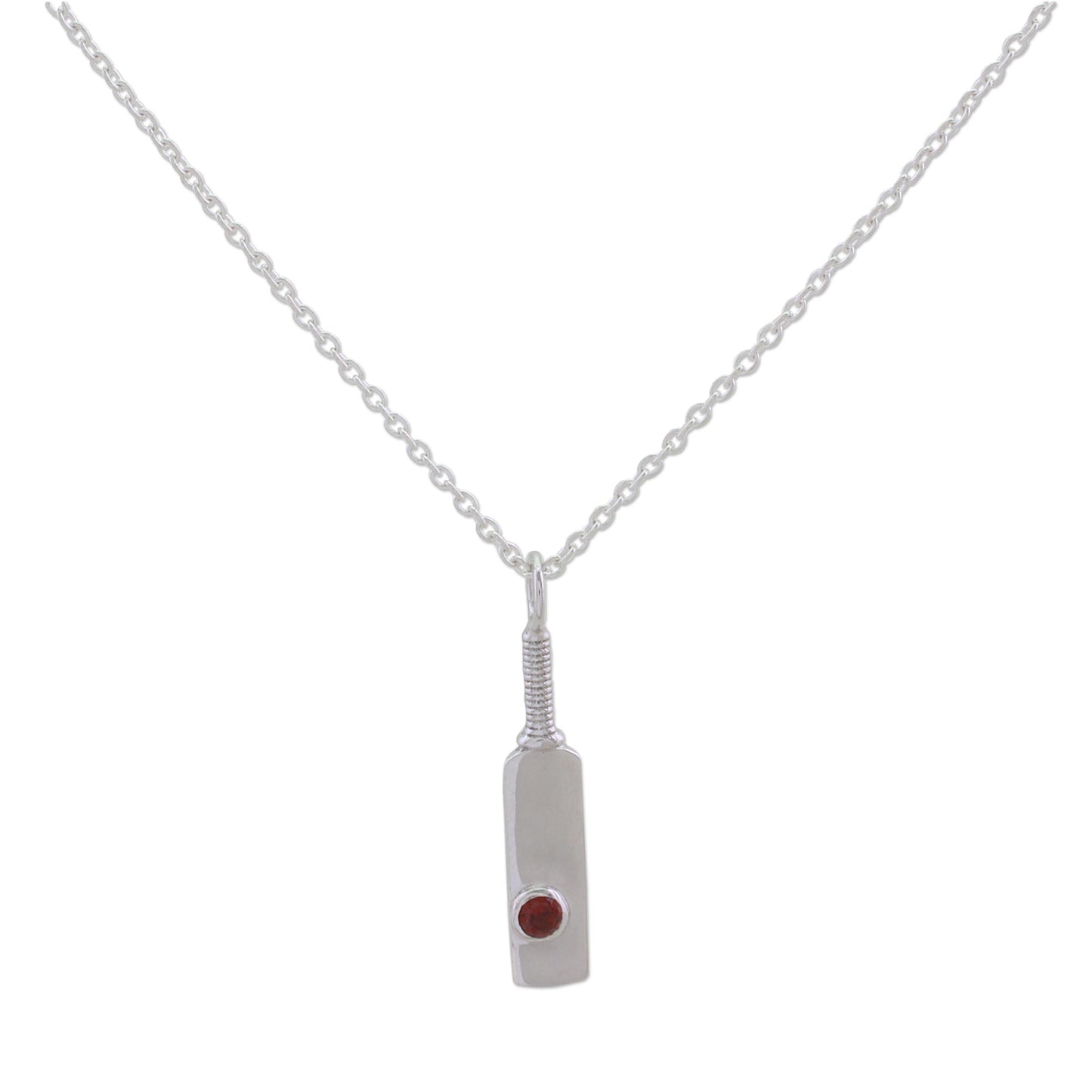 Cricket Bat Sterling Silver and Garnet Pendant Necklace from India