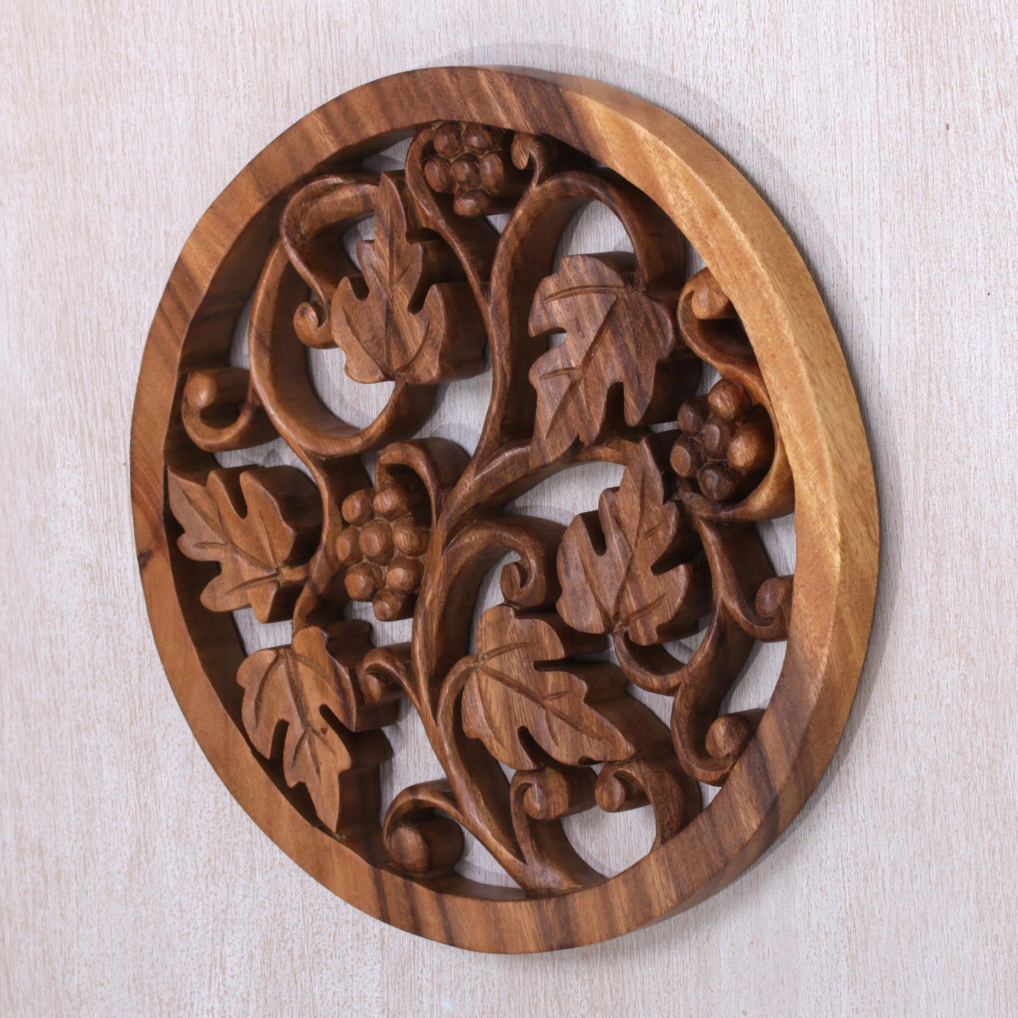 Grapevine Artisan Carved Decorative Wood Relief Panel