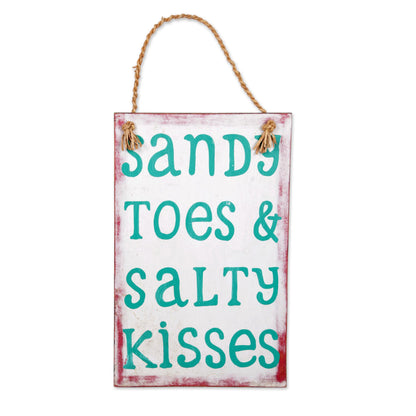 Sandy Toes and Salty Kisses Hand Made White Wood Beach Sign from Indonesia