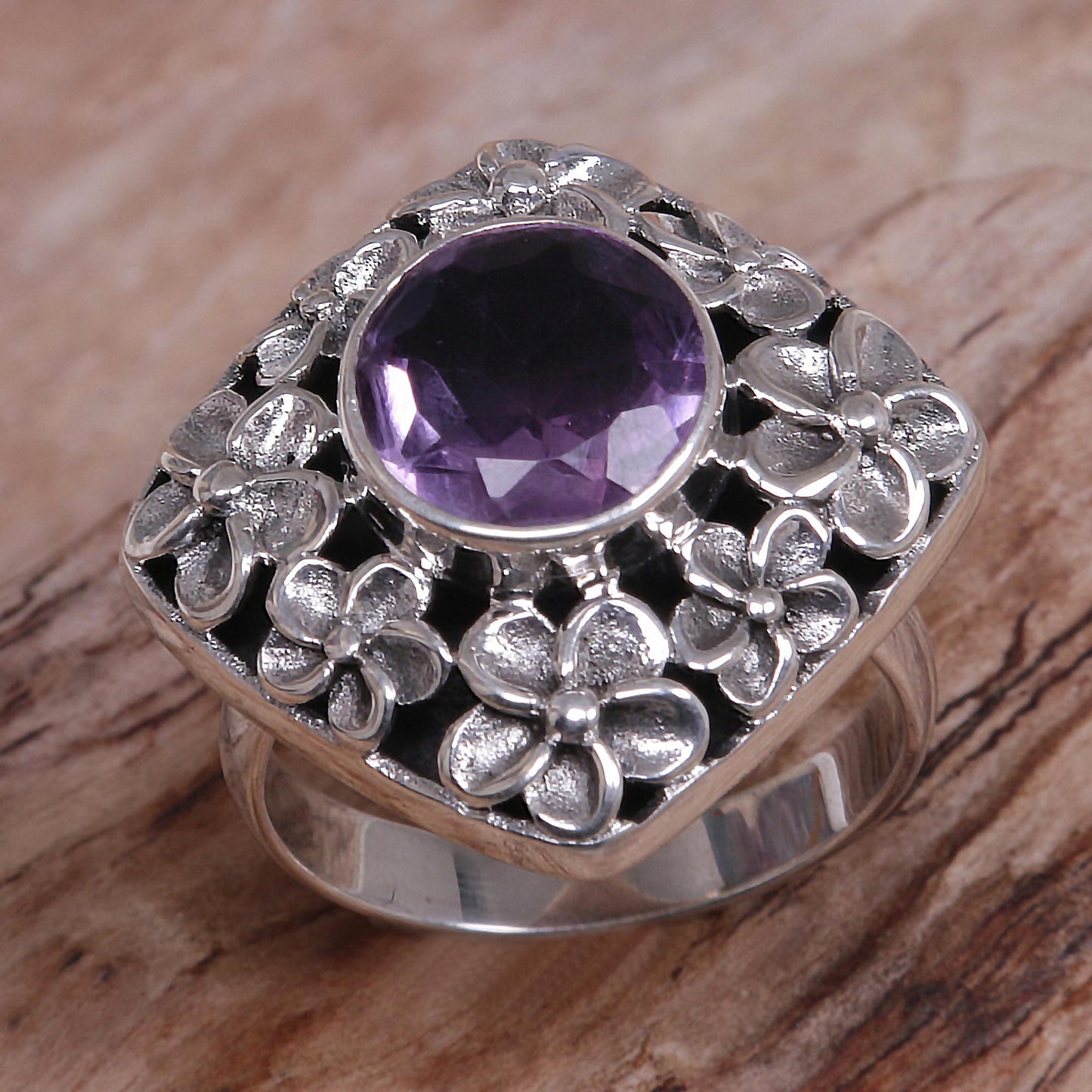 Jepun Shrine Hand Made Amethyst and Sterling Silver Floral Cocktail Ring