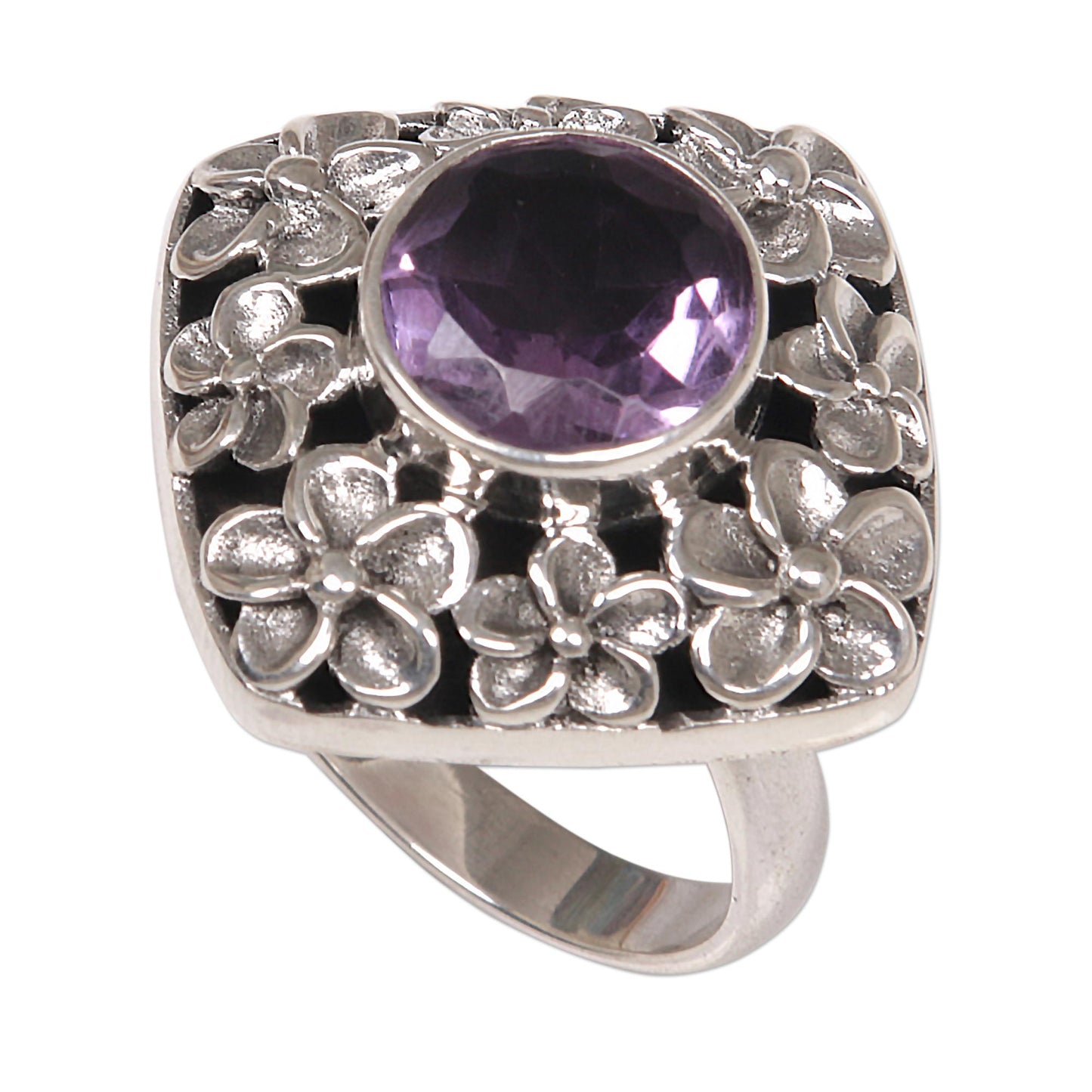 Jepun Shrine Hand Made Amethyst and Sterling Silver Floral Cocktail Ring