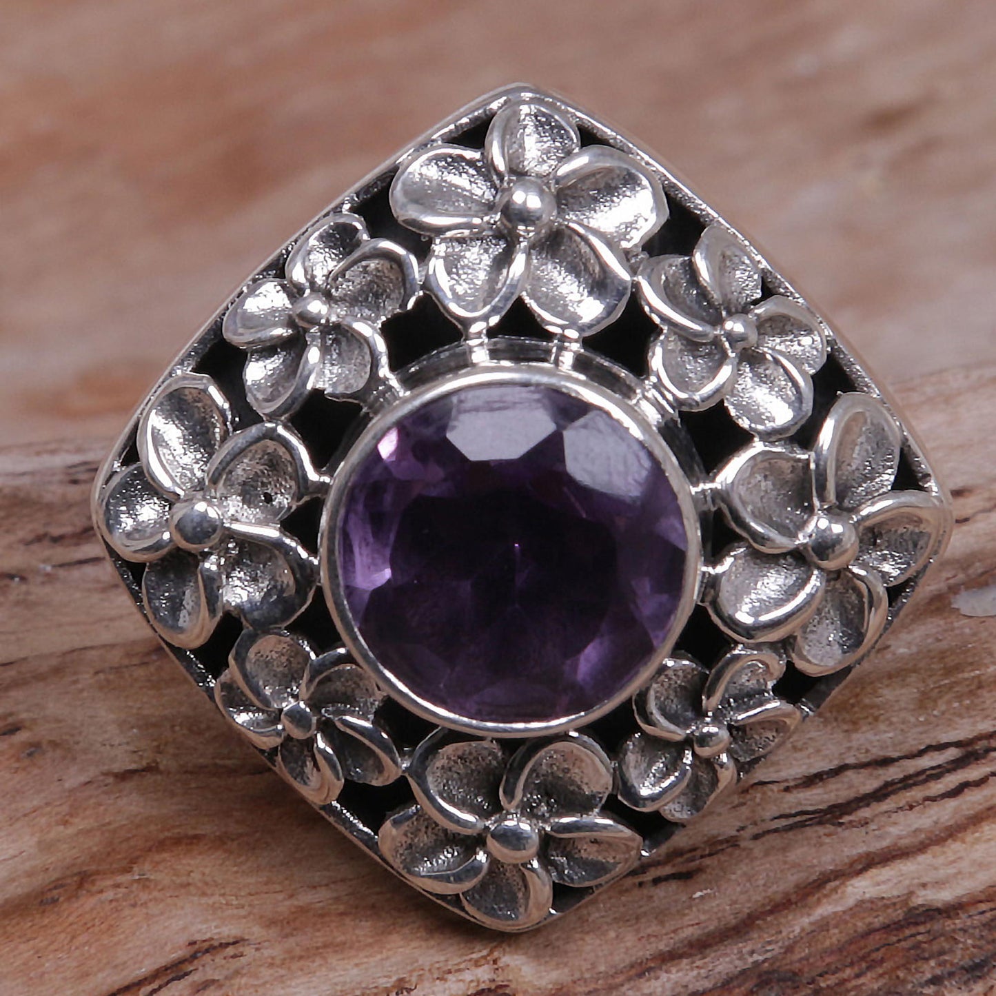 Jepun Shrine Hand Made Amethyst and Sterling Silver Floral Cocktail Ring