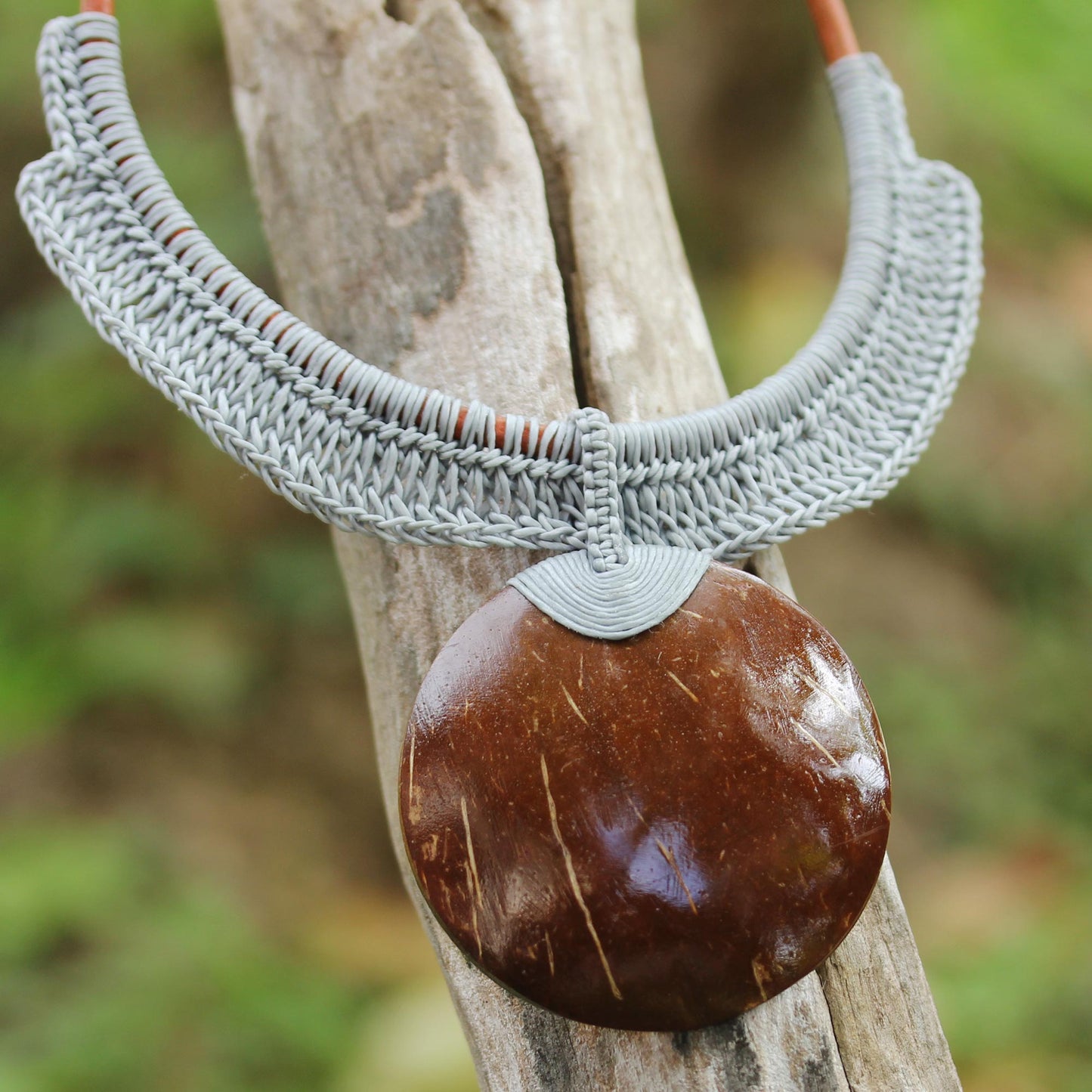 Rustic Moon in Grey Thai Ivory Leather and Coconut Shell Statement Necklace