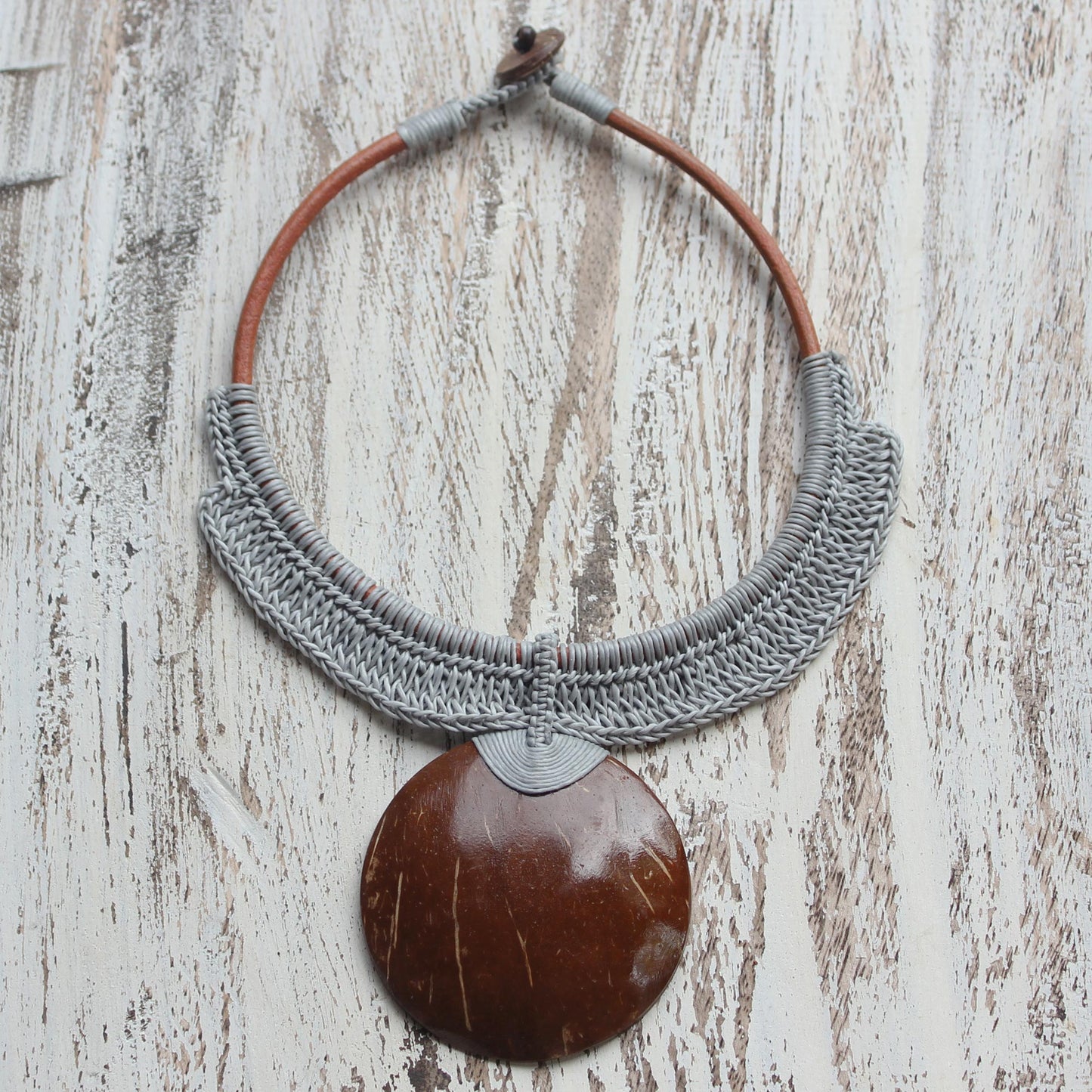 Rustic Moon in Grey Thai Ivory Leather and Coconut Shell Statement Necklace