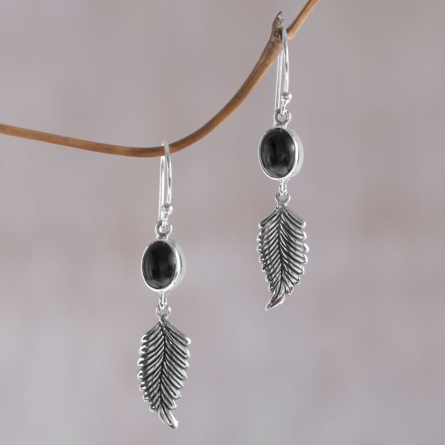 Passionate Hope Balinese 925 Sterling Silver Feather Earrings with Onyx