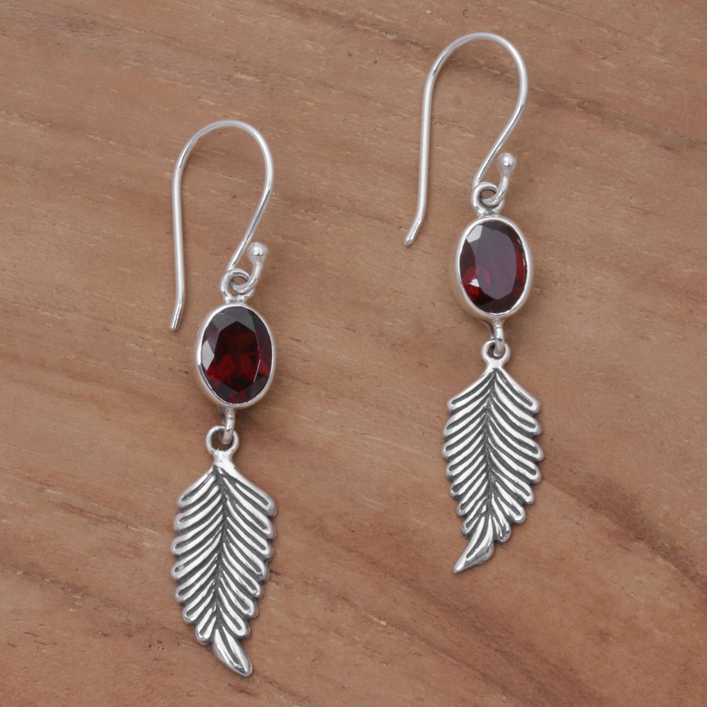 Passionate Hope Balinese 925 Sterling Silver Feather Earrings with Garnet