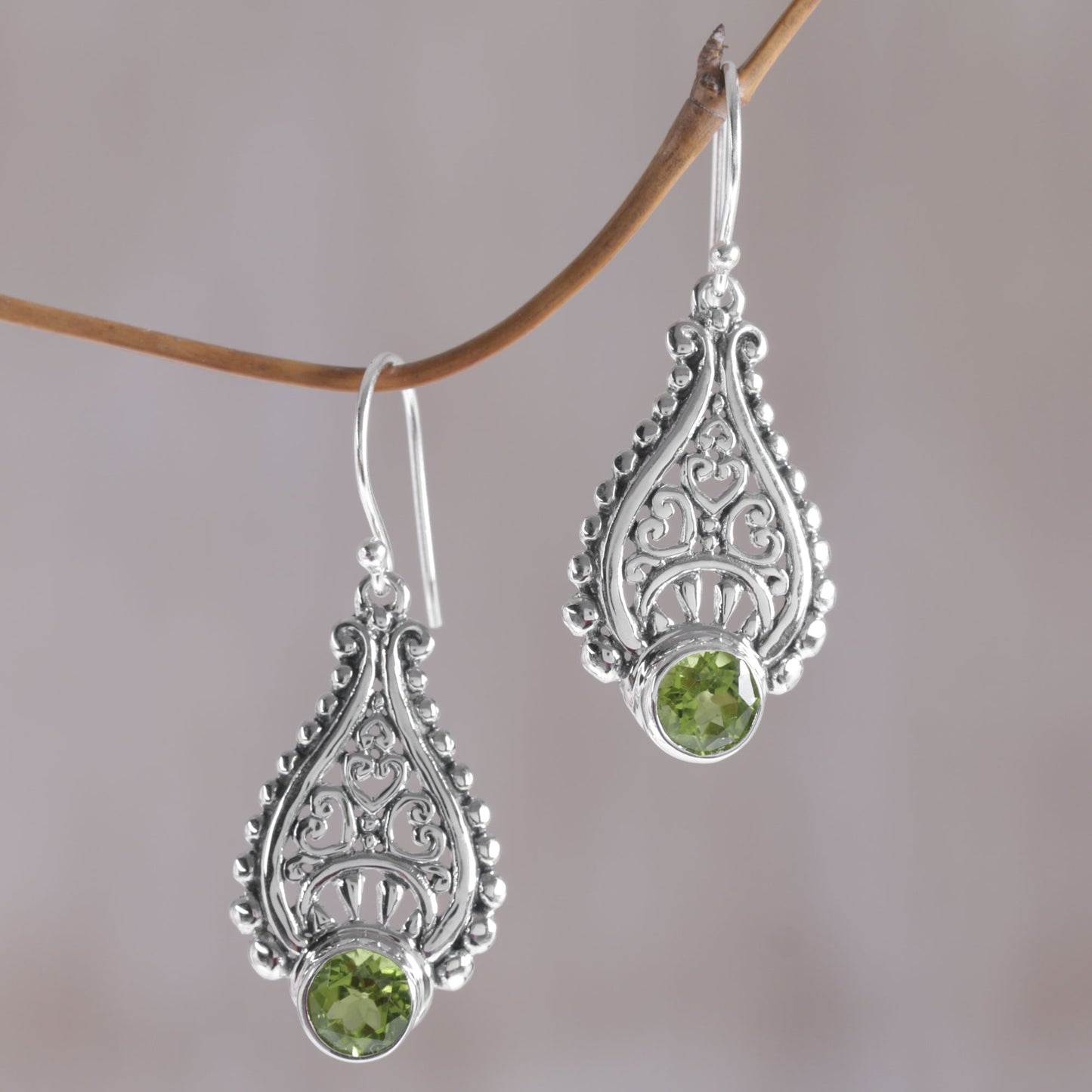 Princess Tears in Green Balinese Hand Crafted Peridot and Sterling Silver Earrings