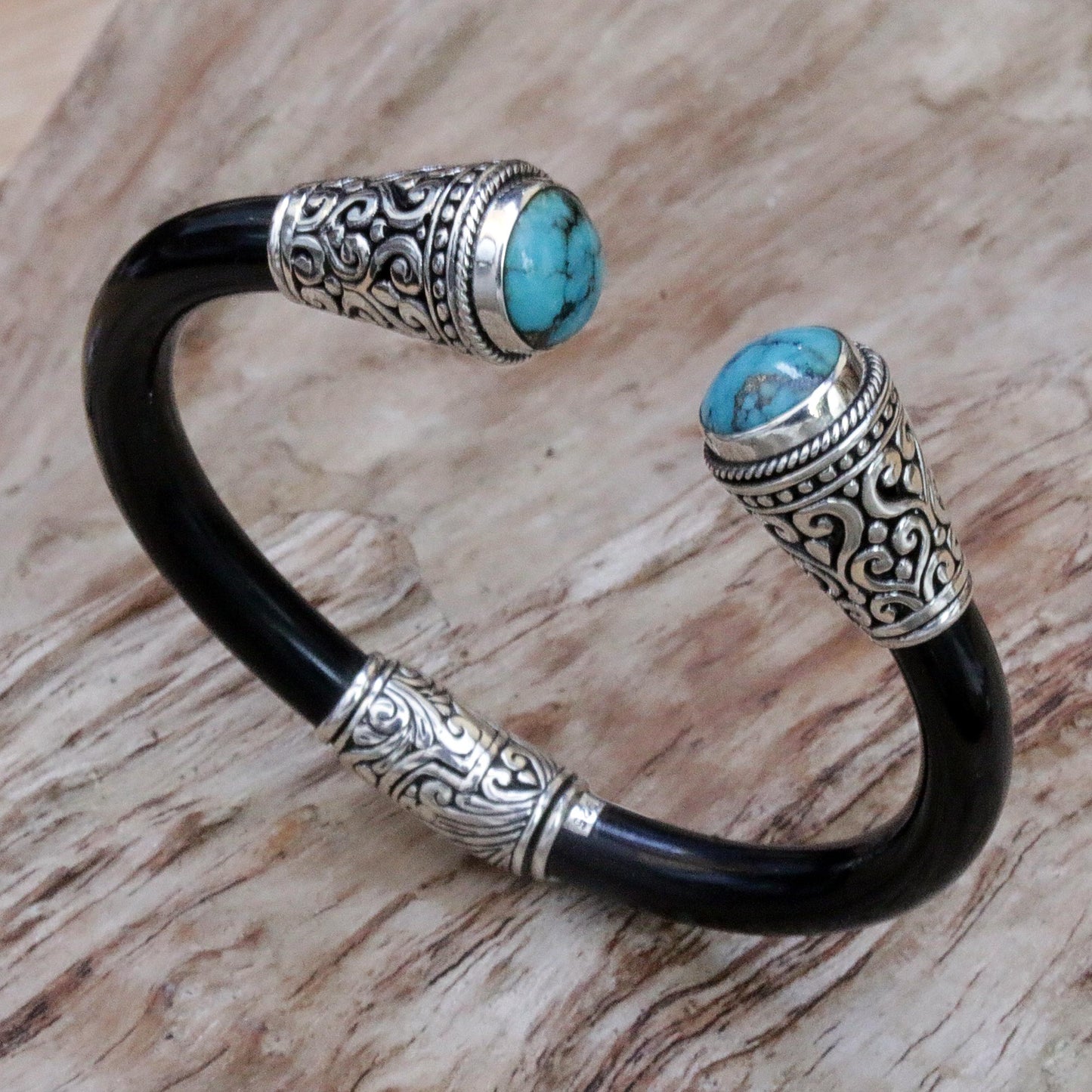 Beauty of Bali Sterling Silver and Natural Turquoise Balinese Cuff Bracelet