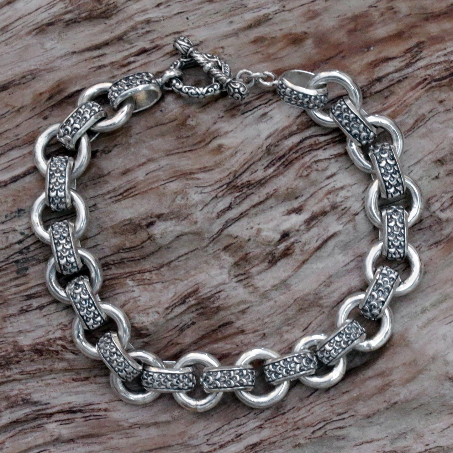 Dragon Legacy Men's Silver Textured Link Bracelet from Indonesia