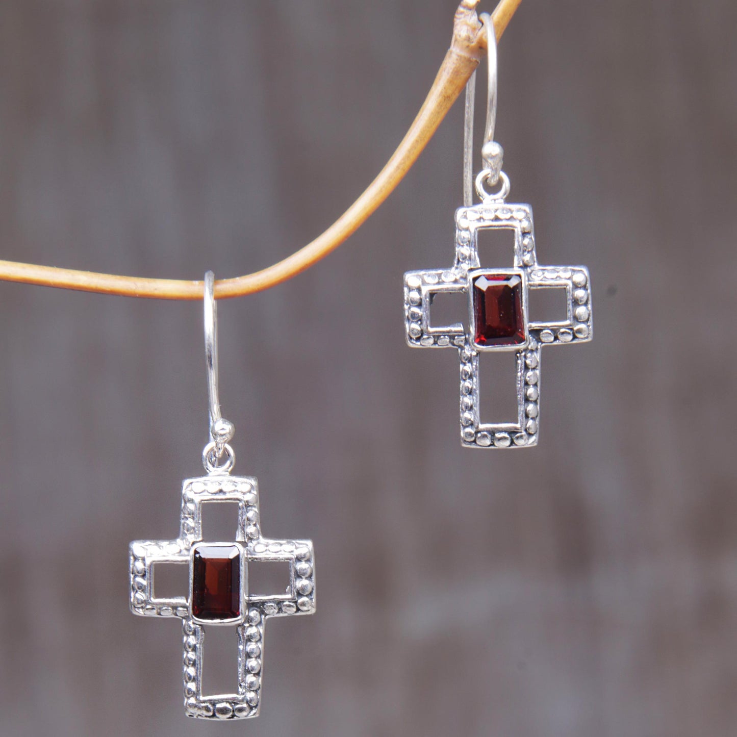 Faith Everlasting Sterling Silver and Garnet Cross Dangle Earrings Indonesia